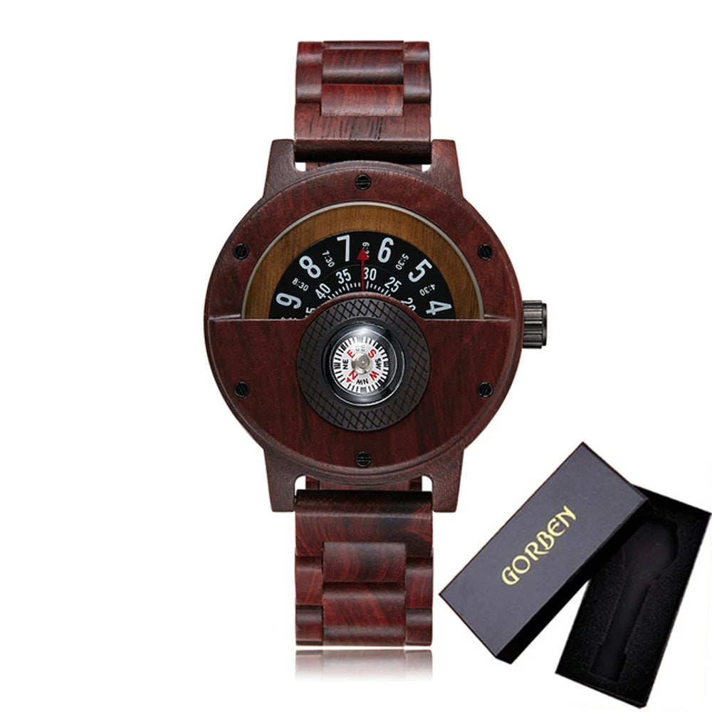 Montre en bois naturel pour hommes, Table rotative, cadran boussole, véritable bois de noyer, ébène, bambou, Concept marron, montre à Quartz