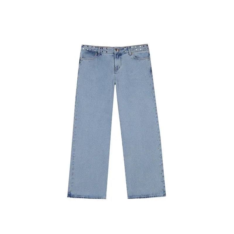 Y2K Vintage jean Flash argent étoile motif métal Rivet jean femme Baggy décontracté jambe droite Denim pantalon Simple femmes vêtements