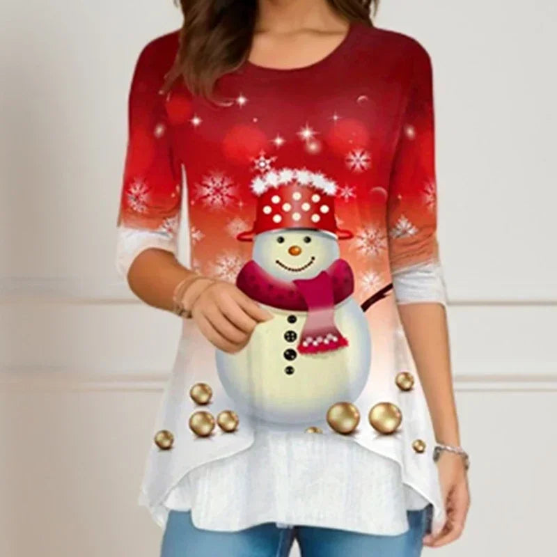 Arbre de noël femmes t-shirt mode col rond à manches longues hauts chemises impression 3D décontracté Harajuku femme grande taille vêtements