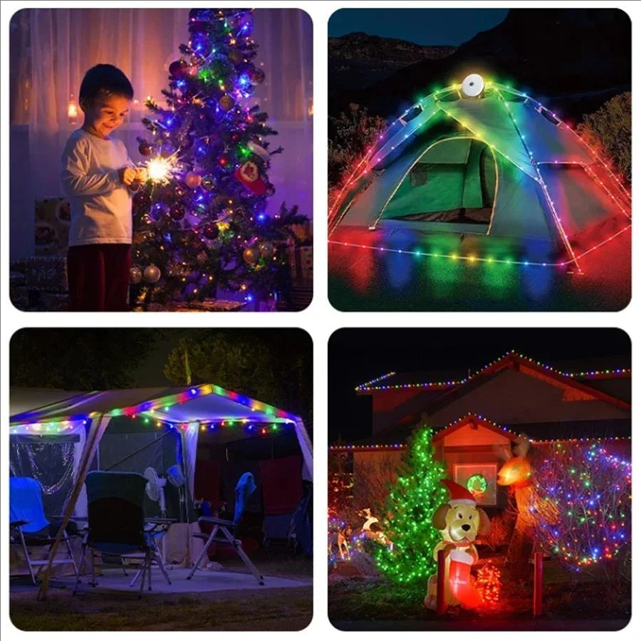 Solar lights, outdoor camping light, 10-meter string light, outdoor tent light, RGB atmosphere light, LED flashlight with hook