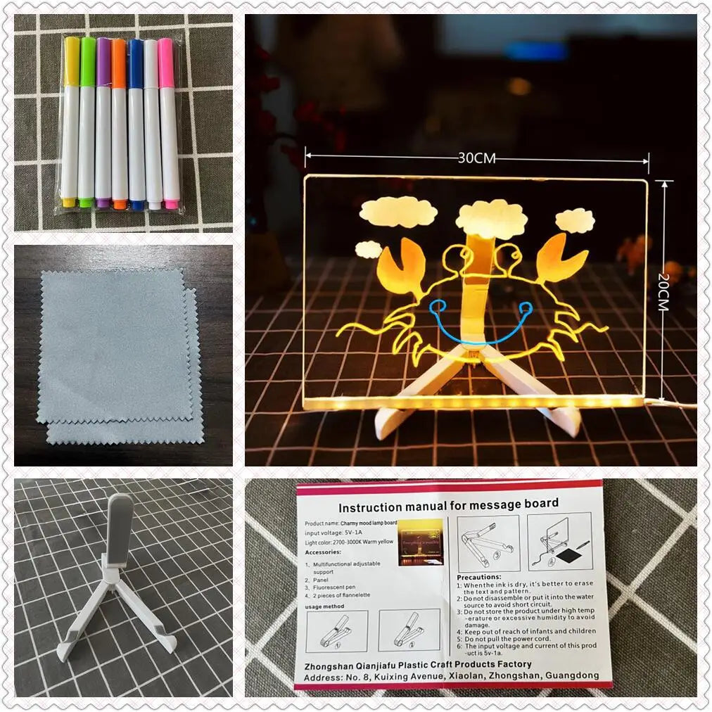 Tableau de notes LED veilleuse avec 7 stylos colorés, tableau d'affichage en acrylique, peinture effaçable, planche à dessin pour enfants, cadeau d'anniversaire