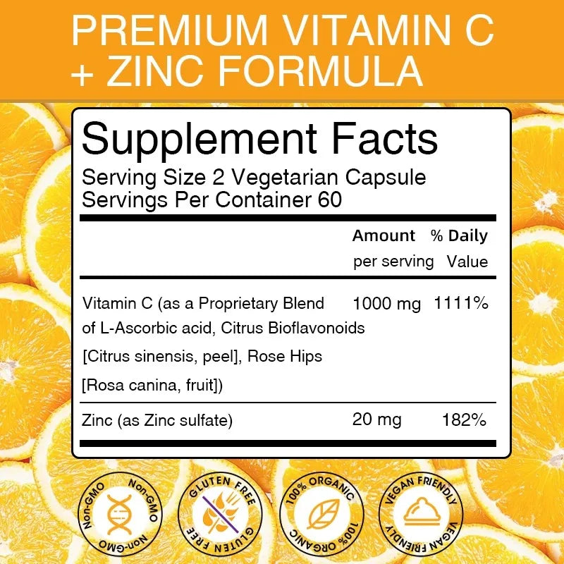 Vitamine C 1000 mg avec zinc 20 mg 120 gélules Supplément de diétérie vitamine |   Vegan sans OGM et sans gluten