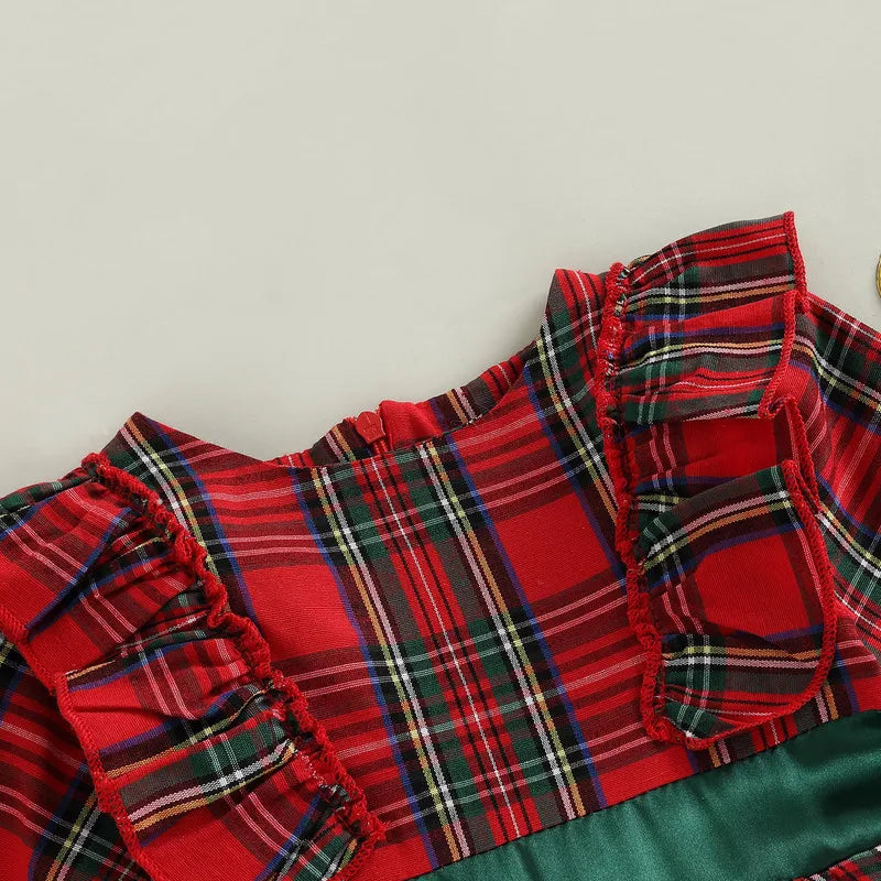 Robe de noël pour petites filles, vêtements d'automne et d'hiver, imprimé à carreaux, manches longues, col rond, volants, Tulle, Patchwork, robe trapèze
