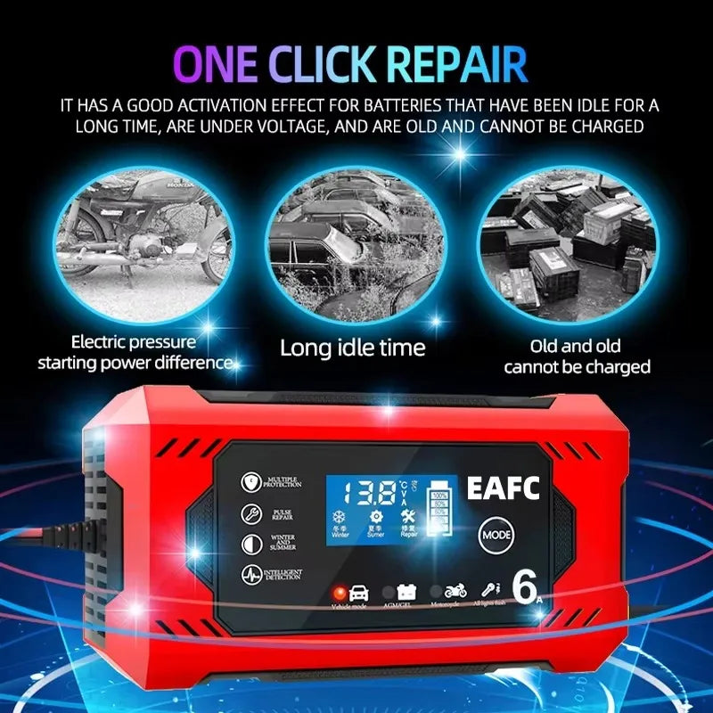 Chargeur de batterie de voiture, grand écran 6a 12V, dispositif de charge de batterie de voiture et de moto, batterie au plomb, réparation intelligente, écran LCD