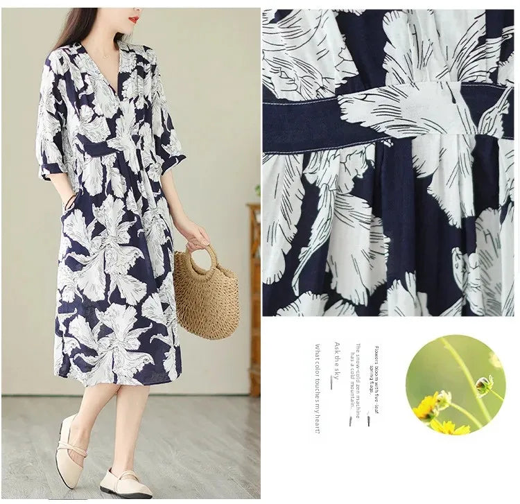 Robe mi-longue amincissante pour femmes, grande taille, imprimé Vintage, ceinture, taille ample, nouveau Style, longueur aux genoux, col en v, Fiber de Polyester, été