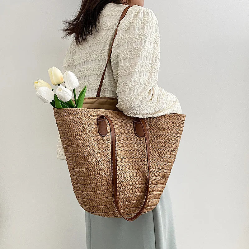 Sac à bandoulière de grande capacité pour femmes, panier tissé en paille d'été, sac à main de luxe de styliste, sac de plage, fourre-tout de shopping Bali