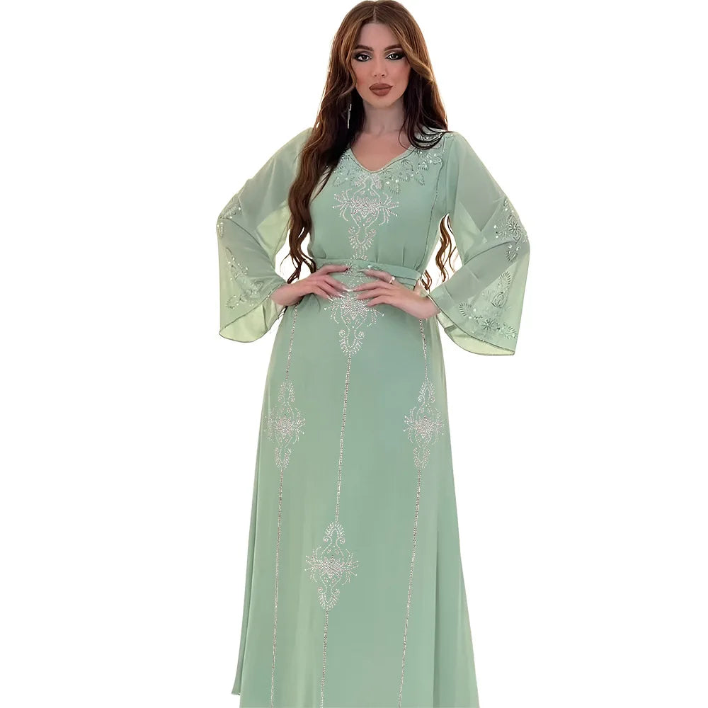 Eid Jalabiya - Women's Muslim Evening Dress, Diamond Lace-Up Arabic Abayas, Long Dresses, Elegant Dress, Educational Dress for Ramadan