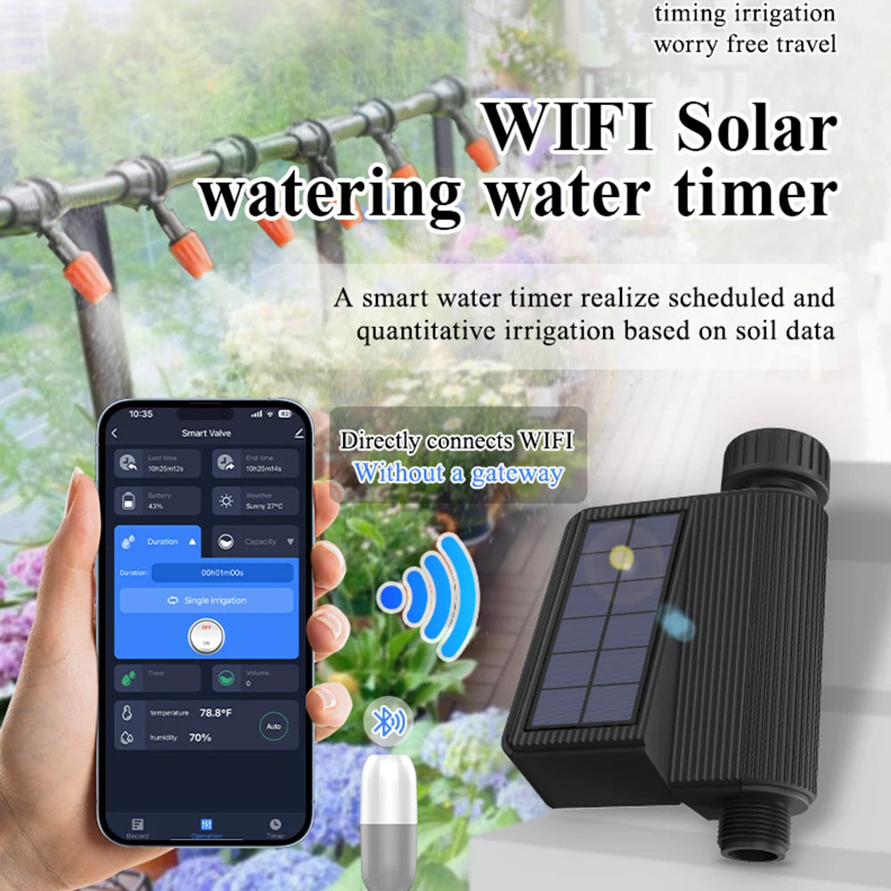 Tuya Smart WiFi Watering Timer, Solar Powered Drip Irrigation System, Built-in Water Flow Recorder, Water Controller