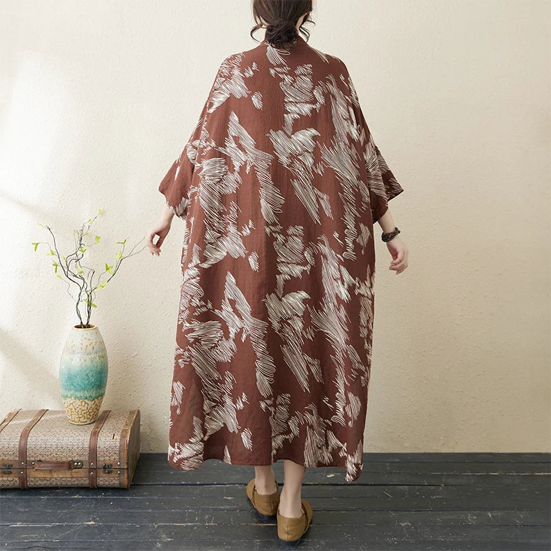 Summer commute. Cotton linen print loose long dress with high neck A-line skirt. Seven long dresses available in plus sizes.