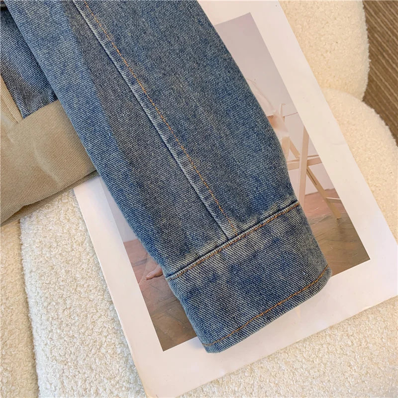 Ensemble pantalon en Denim, col montant, Patchwork, manteaux de rue, hauts à jambes larges, jean gothique droit, Vintage, ensemble deux pièces Simple