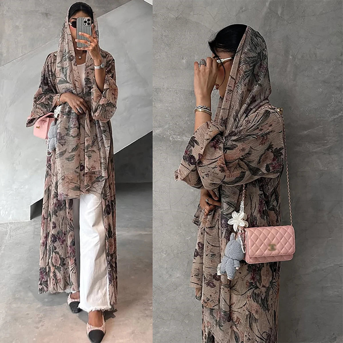 Luxury Dubai Women's Abaya Hijab Included Muslim Elegant Floral Print Pleated Open Long Sleeve Cardigan Caftan