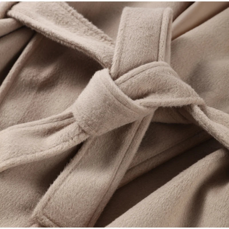 Manteau Long à lacets pour femme, manteau de bureau élégant en laine, fourrure, Patchwork, manches longues, vestes Cardigan amples, nouvelle collection 2025