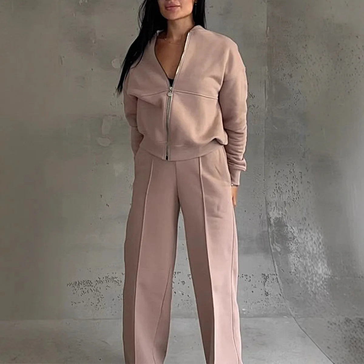 Women's two-piece casual set, solid color, sweatshirt, long sleeves, zip-up coat, long pants, pockets, elegant, autumn/winter 2025