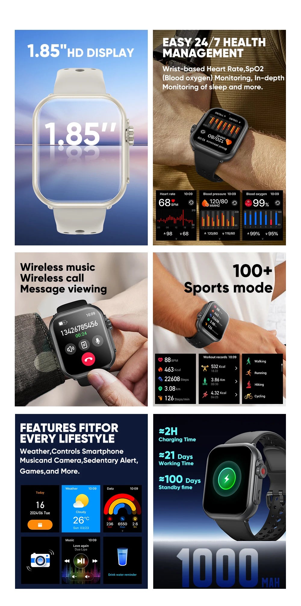 2025 nouvelle mode sport montre intelligente hommes femmes 1.85 pouces HD AMOLED plein écran tactile IP68 étanche Bluetooth appel montres intelligentes