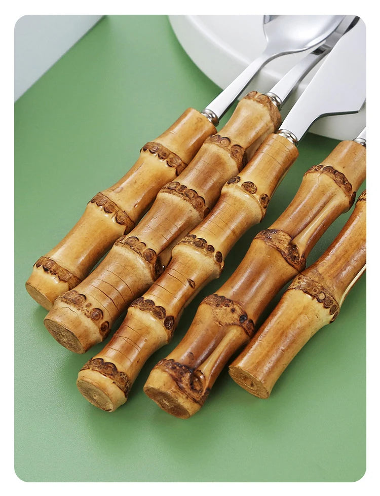 Ensemble de Vaisselle en Bambou et Acier Inoxydable avec Poignée Naturelle, Couverts Rétro, Steak, Opaque, Fourchette, Cuillère, Cadeau de Dessert, 20/30 Pièces