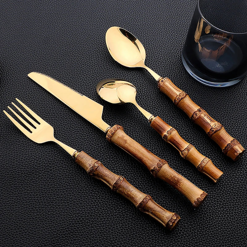 24 pièces ensembles de vaisselle en bambou ensemble de couverts en bambou en acier inoxydable poignée purement naturelle ensemble de couverts vaisselle couteau à Steak couverts