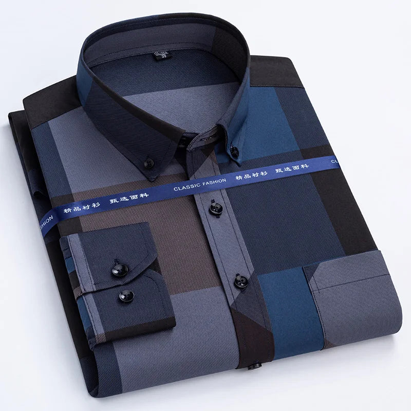 Men's dress shirts spring autumn last special offer Non-iron Anti-wrinkle business casual printed slim fit Plaid men's shirt