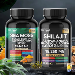 Mousse de mer et shilajit Bundle 120 gélules, avec seamos, huile de pépins noirs, Ashwagandha, gingembre, racine de bardane, curcuma, Pepp noir