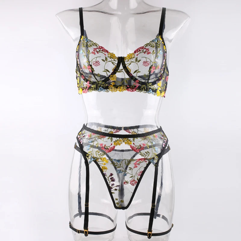 Ensemble de Lingerie Sexy en dentelle pour femmes, 3 pièces, broderie de fleurs fantaisie, soutien-gorge et tongs transparents, ensemble de sous-vêtements, costumes érotiques et intimes ﻿