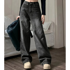 Jean taille haute pour femme, streetwear, designer, jambe large, gris classique, gothique, pantalon droit, mode