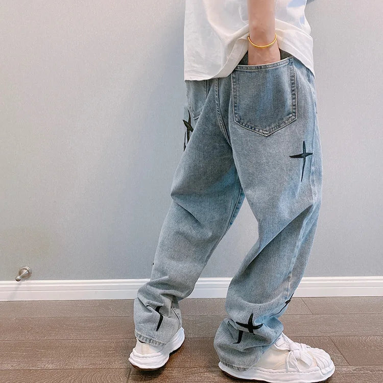 Men's printed jeans, streetwear, baggy, wide leg, Korean fashion, draped, straight, casual, loose fit, cargo pants, new 2023 collection