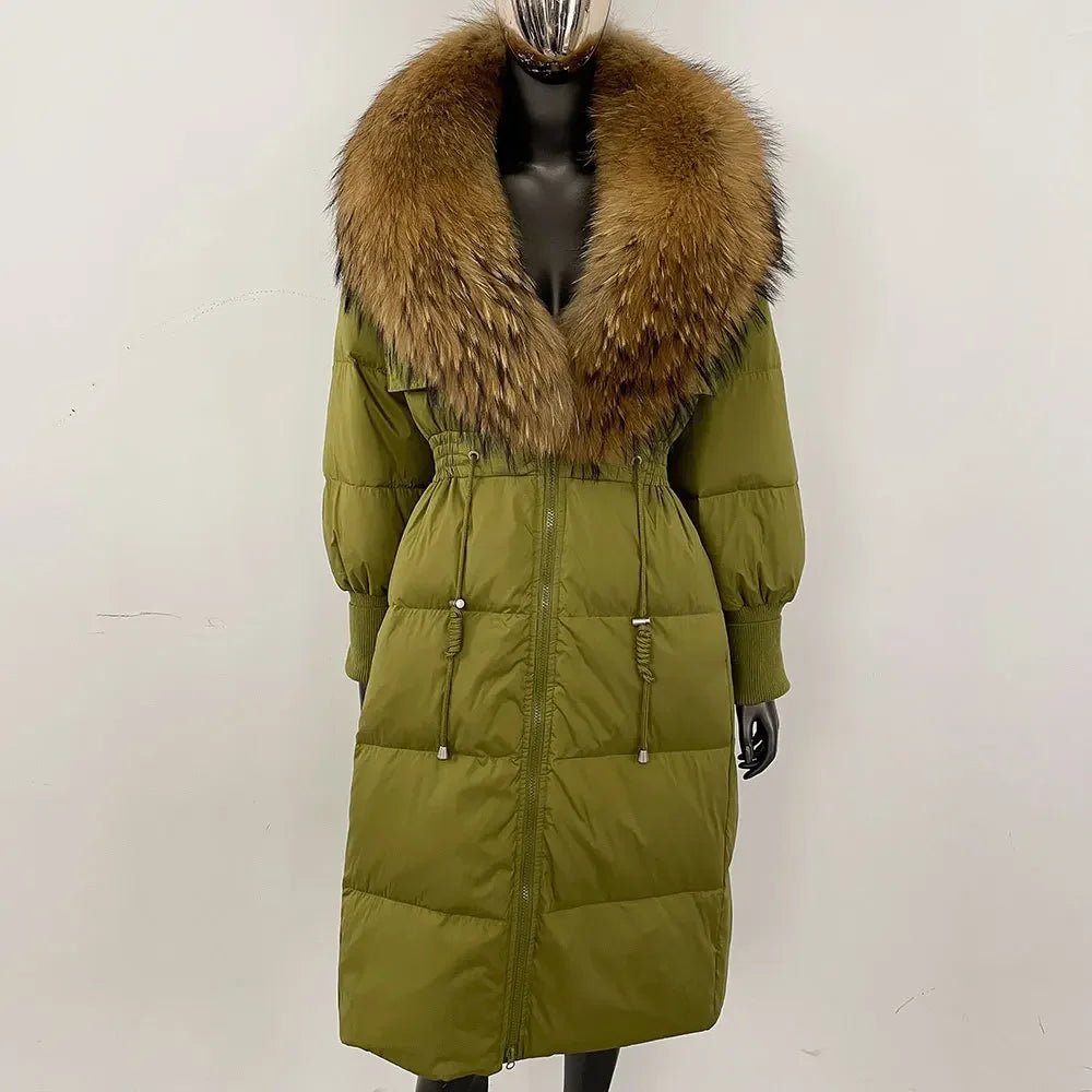 Doudoune longue avec col en fourrure pour femme, pardessus en fourrure de renard, longueur aux genoux, à la mode, chaude, cintrée à la taille, vêtements d'extérieur amincissants