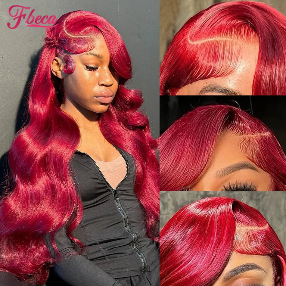 Perruque Lace Frontal Wig Body Wave de couleur rouge, cheveux naturels bordeaux, 13x4, 13x6, pre-plucked, pour femmes