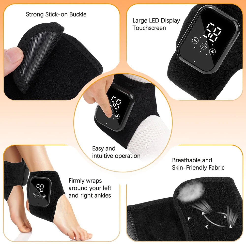Electric ankle protector with 3 heating levels, hot compress, vibration massage, cordless foot massager, ankle joint protection, and heating strap.