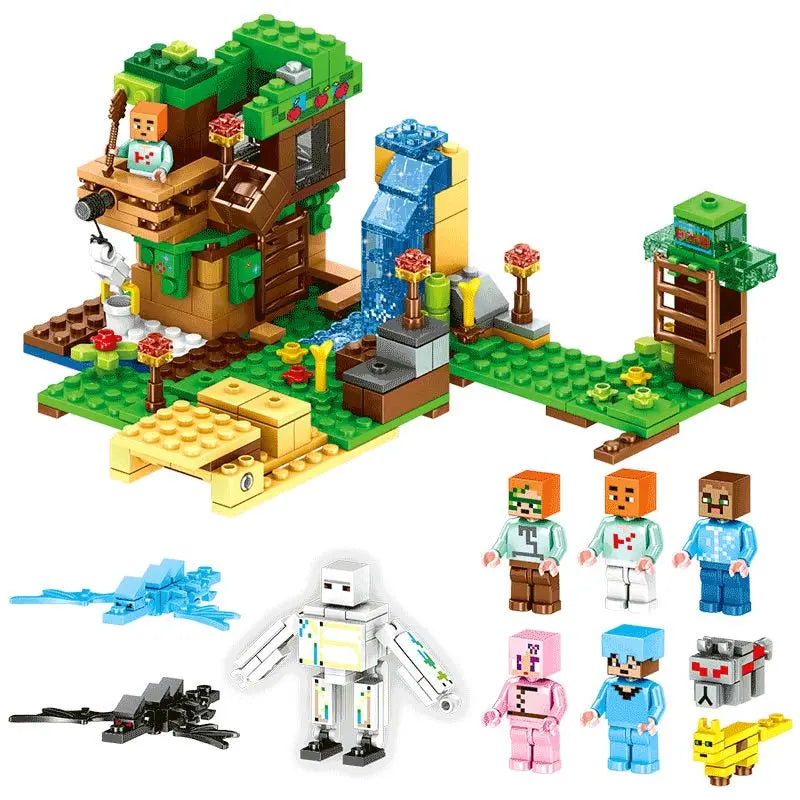 Blocs de construction de puzzle pour enfants, toboggans de village, grottes, mines, villes de chevaux, chats, léopards, jungles, jouet éducatif pour