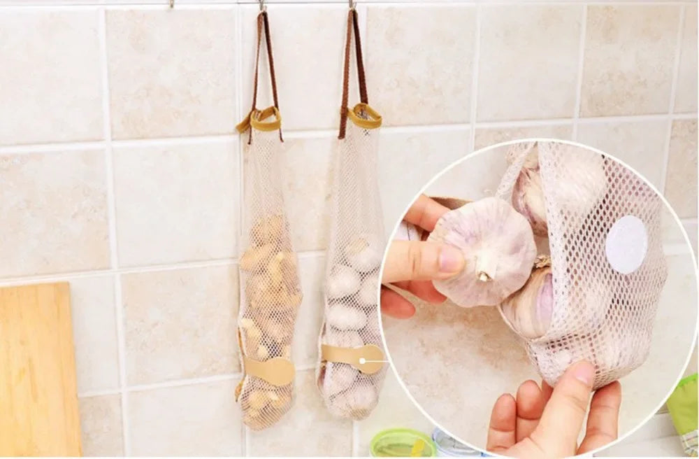 Sac de rangement réutilisable pour fruits de cuisine, sacs d'épicerie, fourre-tout en maille, organisateur d'oignons