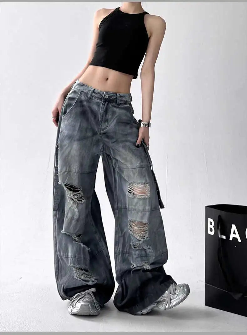 Femmes jean pantalon américain haute rue déchiré droit jambe large jean pour femmes conception cravate-teinture Jazz danse Cargo pleine mince jean