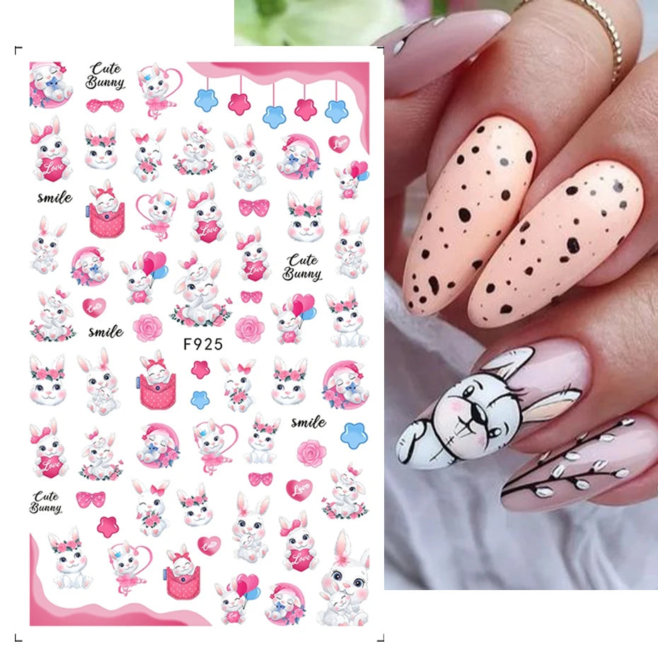 Easter bunny nail stickers, self-adhesive 3D decals, nail art supplies, cartoon character, DIY nail stickers