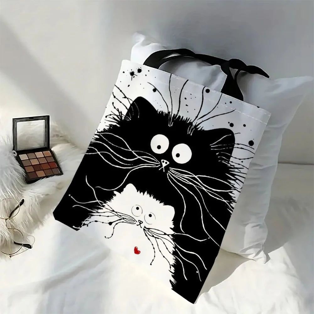 Fourre-tout réutilisable en lin imprimé chats mignons, sac de rangement d'épicerie, sac à bandoulière Portable de grande capacité, fourre-tout lavable en Machine