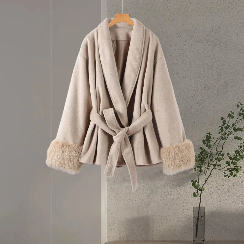 Manteau Long à lacets pour femme, manteau de bureau élégant en laine, fourrure, Patchwork, manches longues, vestes Cardigan amples, nouvelle collection 2025