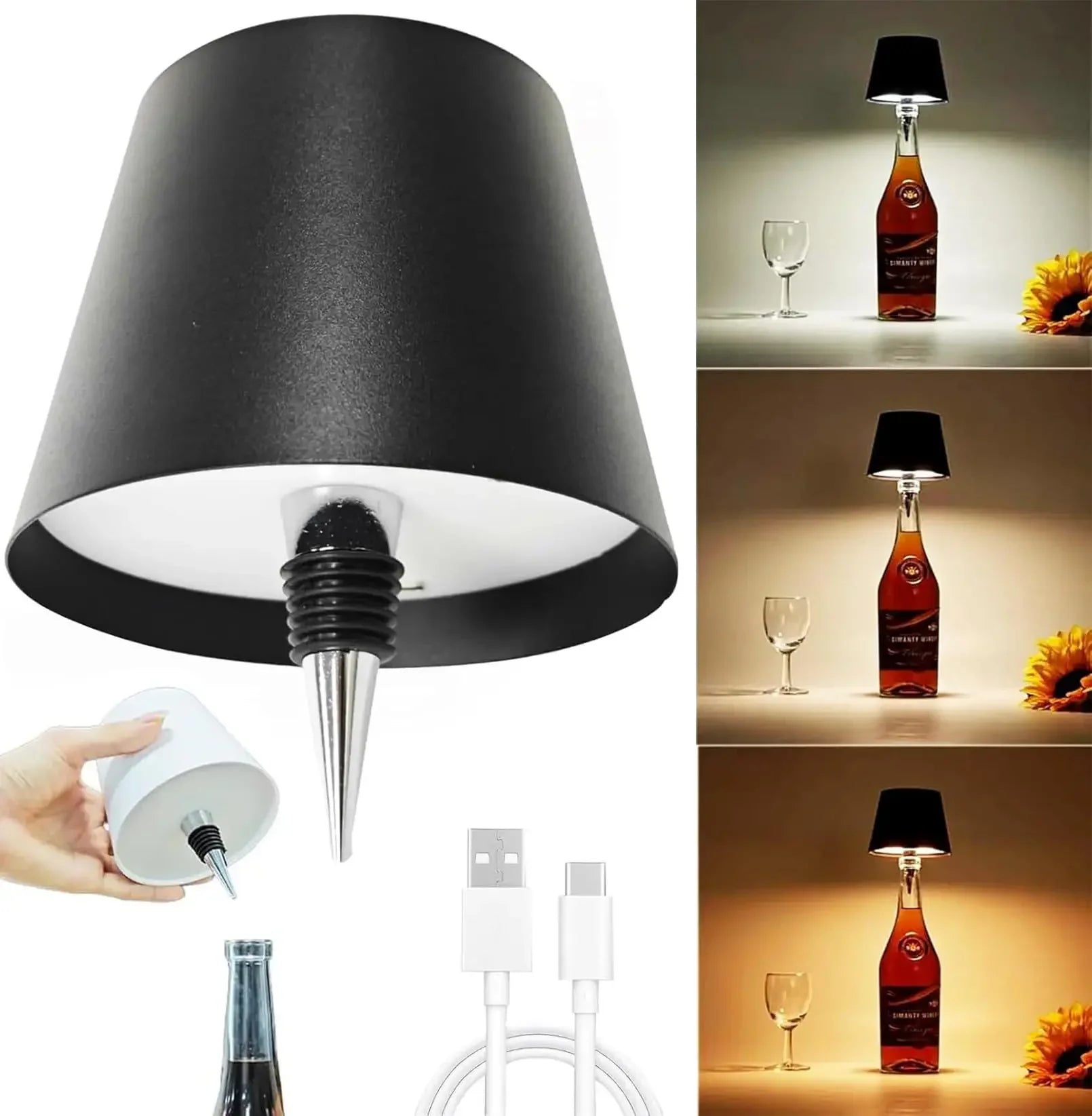 Wireless bottle-shaped table lamp, touch control, 3 colours, stepless dimming, night light suitable for bars.