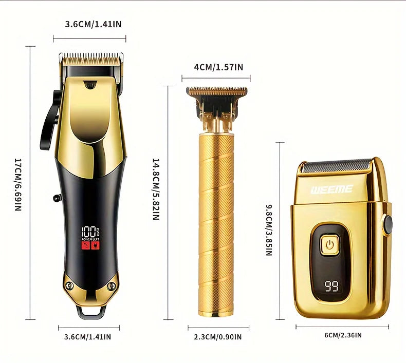 Kit de toilettage pour hommes, ensemble de 3 pièces, tondeuse à cheveux dorée noire avec écran LCD, rechargeable par USB, 8 peignes de guidage, tondeuse et rasoir