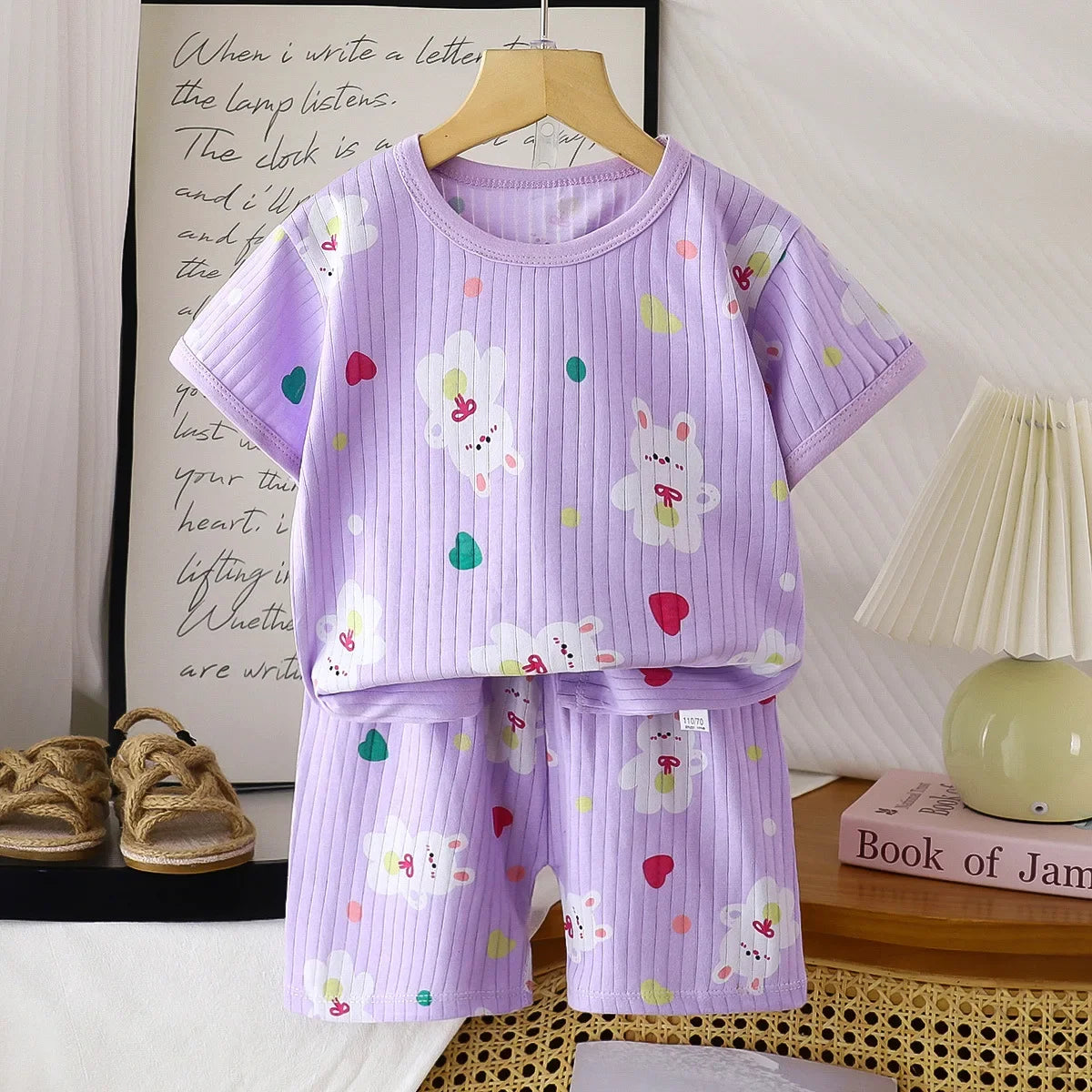 Ensemble de vêtements d'été en pur coton pour enfants, t-shirt à manches courtes avec Short, dessin animé mignon, pyjama décontracté pour bébés en bas âge