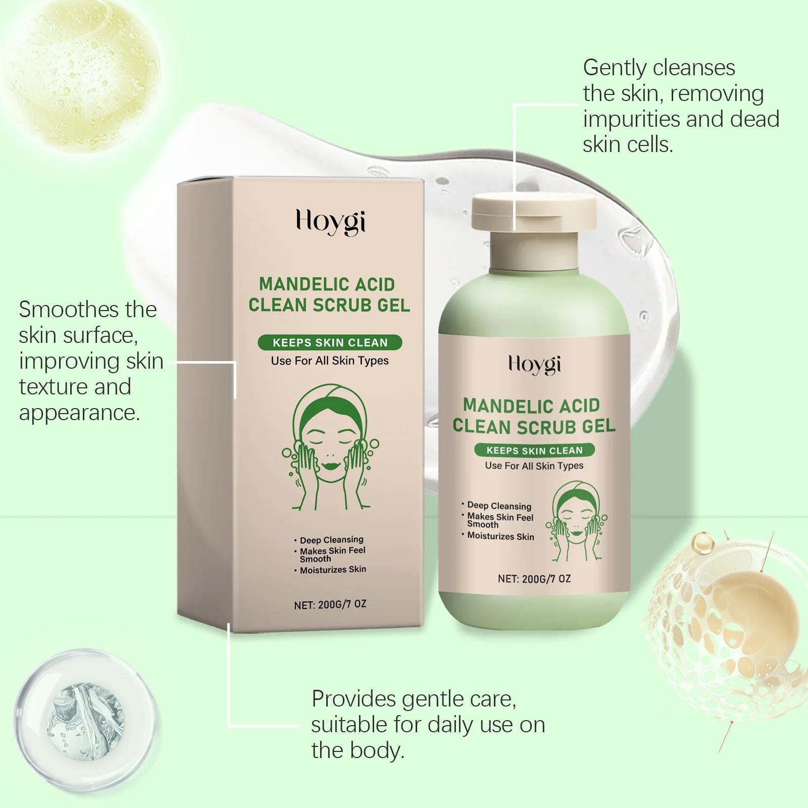 Gel gommage propre pour le corps à l'acide mandélique, exfoliant doux, dissolvant de peau morte, lissant, soins pour la peau, hydratant, nettoyage en profondeur