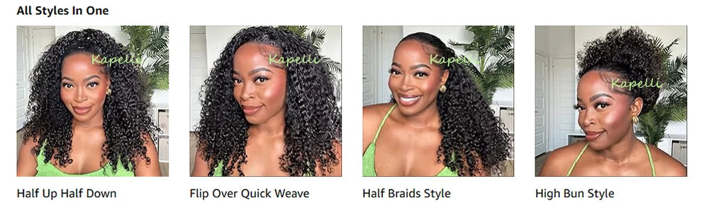 Demi-perruque cheveux humains crépus bouclés sans colle perruque cheveux humains prêt à porter 3 en 1 demi perruque avec cordon 250 densité bouclée demi-perruque