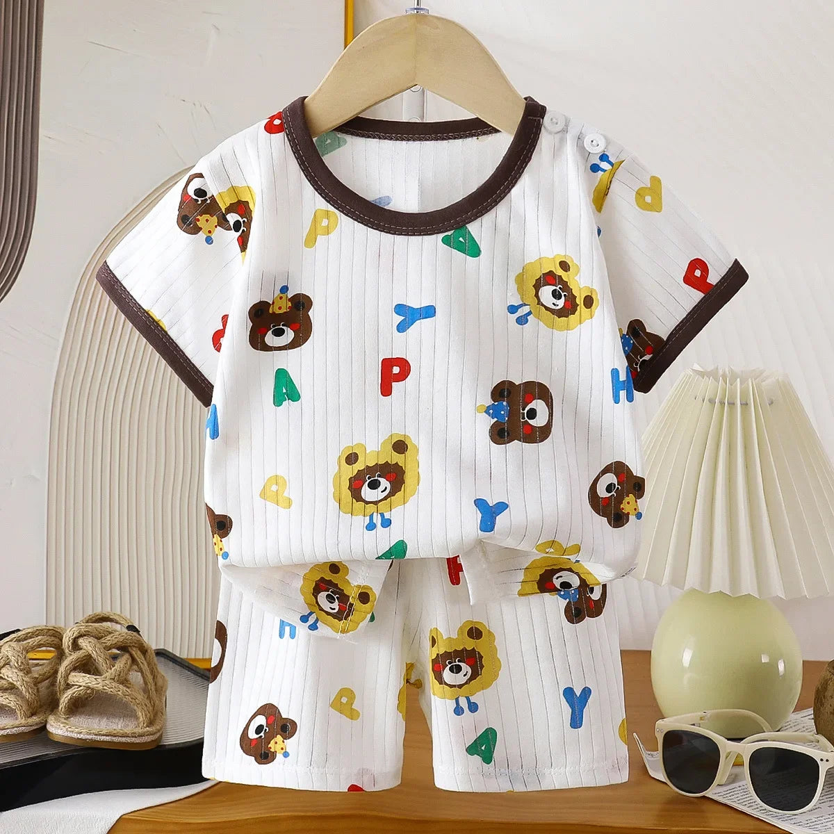 Ensemble de vêtements d'été en pur coton pour enfants, t-shirt à manches courtes avec Short, dessin animé mignon, pyjama décontracté pour bébés en bas âge