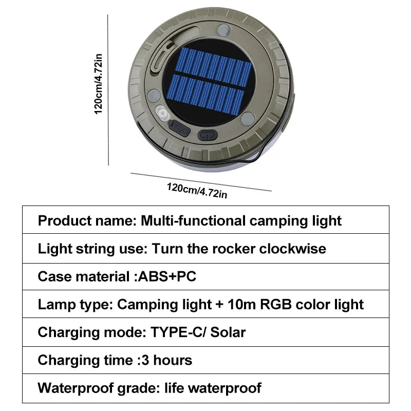 Guirxiété Solar Light for Outdoor Camping, LED Flashlight with Hook, Tent Light, RGB Lights, Stopovers, 10m