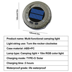 Guirxiété Solar Light for Outdoor Camping, LED Flashlight with Hook, Tent Light, RGB Lights, Stopovers, 10m