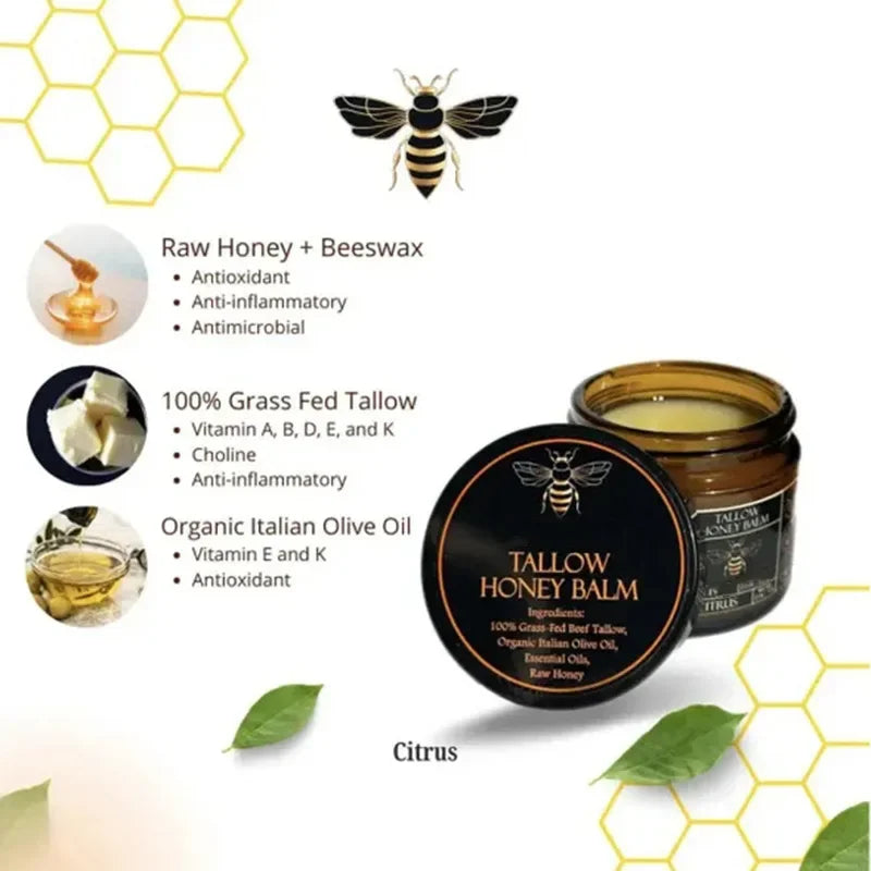 Baume Tallow de boeuf alimenté en herbe biologique, crème hydratante au miel cru pour une peau douce et lisse, hydratant entièrement naturel fait à la main