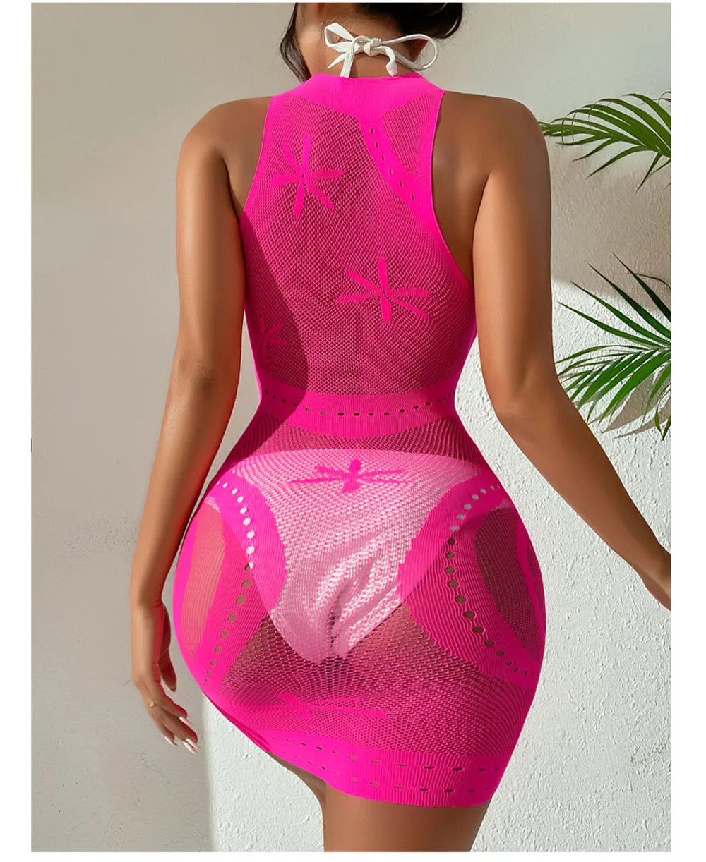 Sexy femmes résille licou robe dos nu coupe basse serré crayon robe mignonne grande taille Mini robe boîte de nuit robe de danse Beatchwear