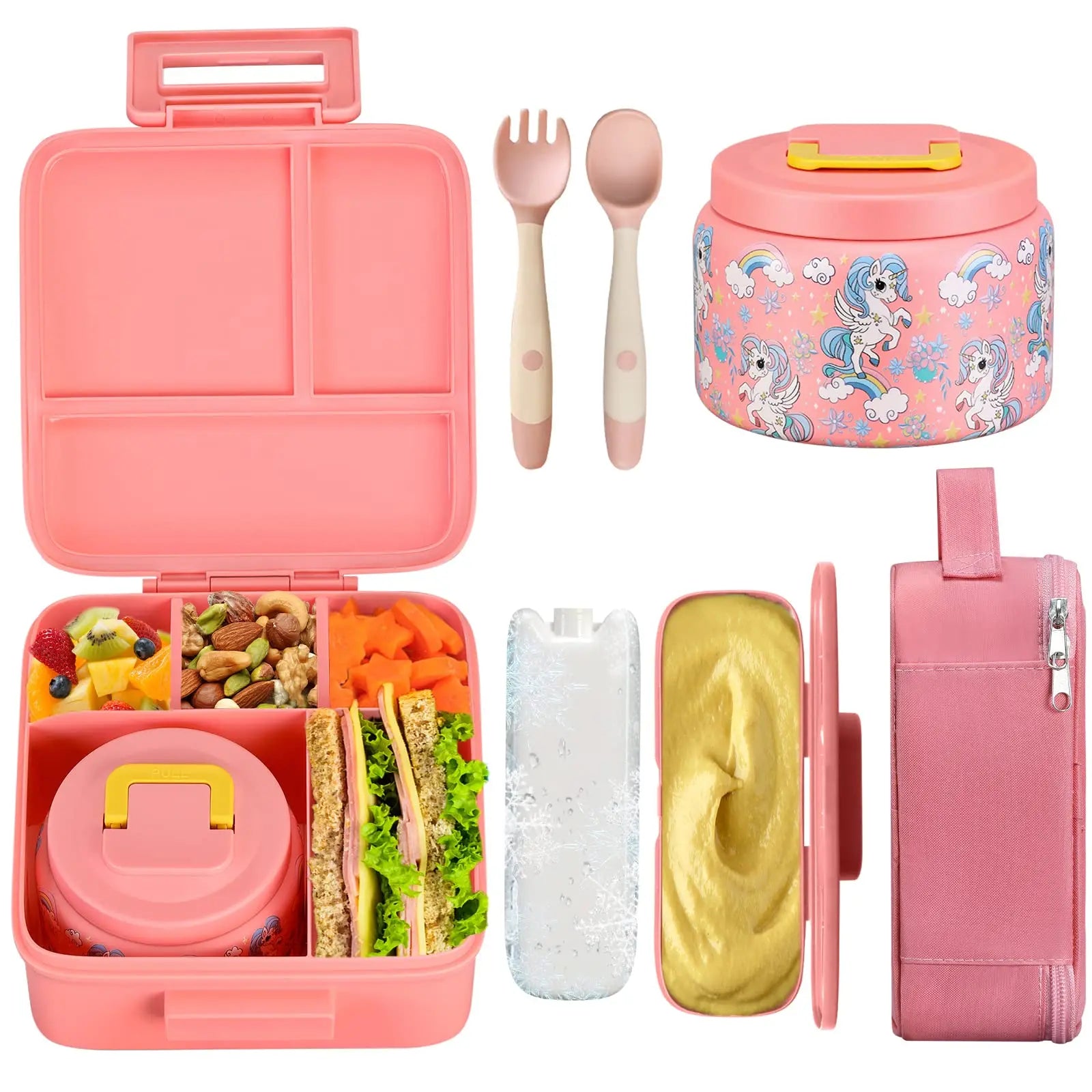 Boîte à déjeuner Bento pour enfants avec pot alimentaire isolé sous vide de 8oz, sac à déjeuner, sac de glace et fourchette et cuillère pliables, anti-fuite