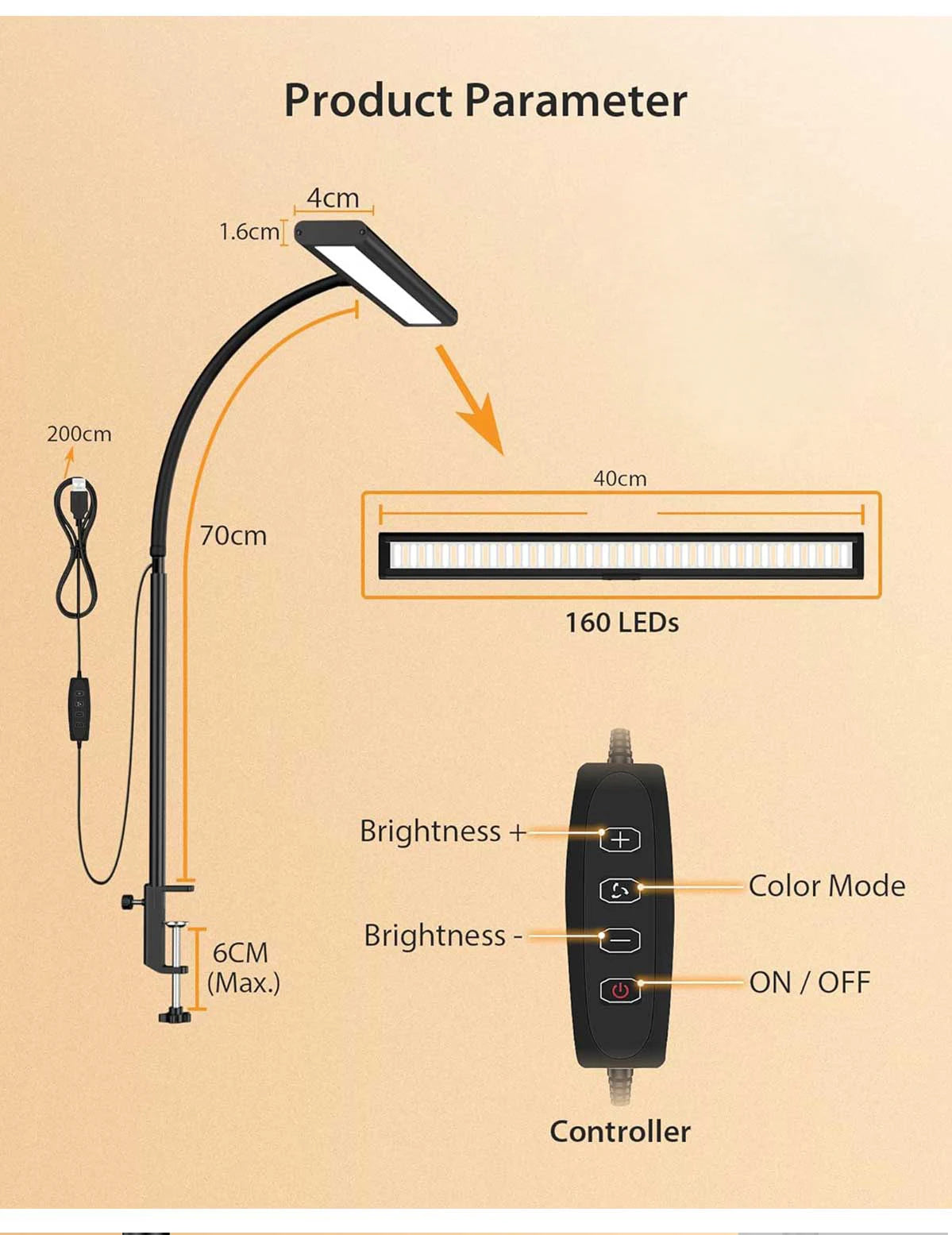 Adjustable flexible gooseneck LED desk lamp, eye-friendly desk lamp, stepless dimming, home office