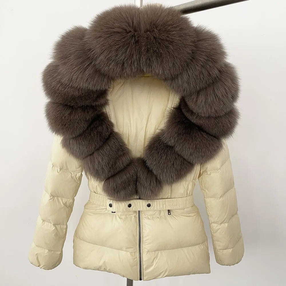 OFTBUY 2024 veste d'hiver femmes naturel réel raton laveur col de fourrure de renard à capuche blanc canard vers le bas manteau ceinture épais chaud vêtements d'extérieur décontractés
