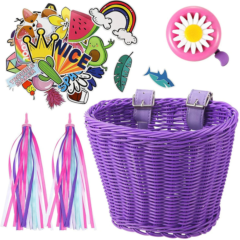 Mir de vélo en rotin tissé à la main pour enfants, ensemble de cloche, pompon, autocollants, guidon avant, accessoires de vélo