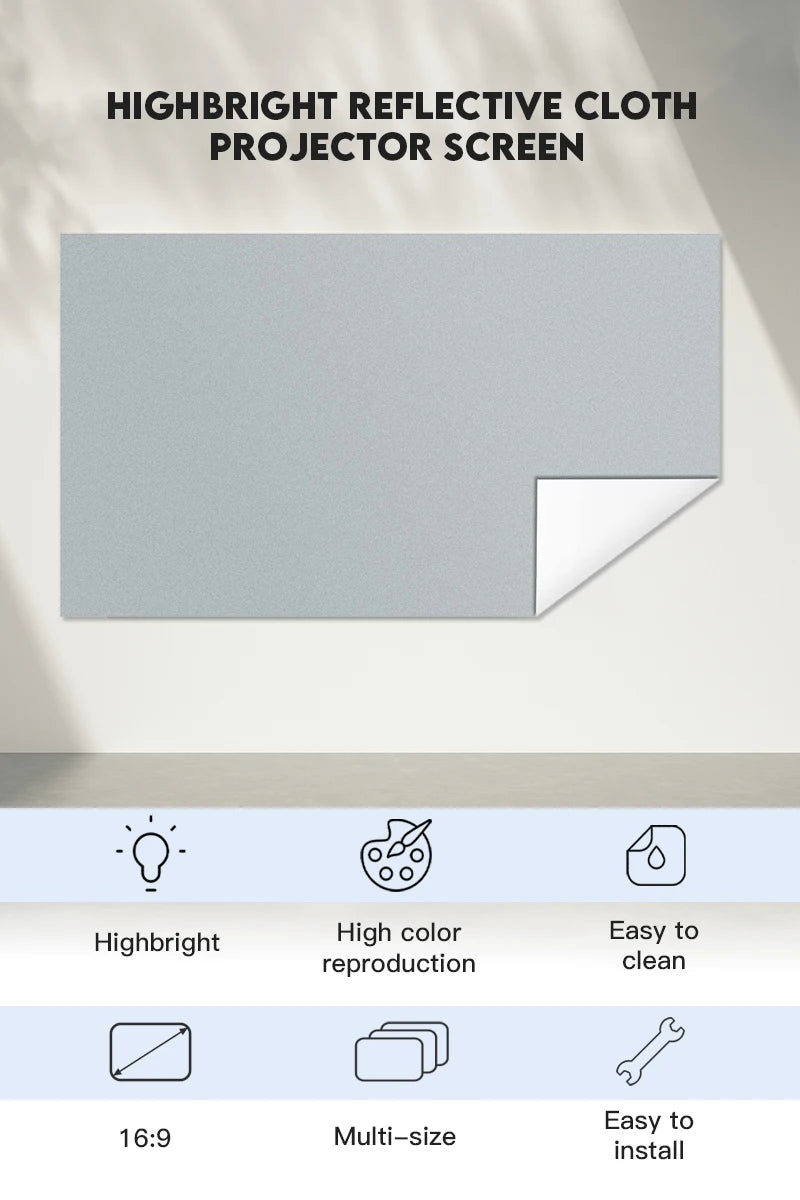 Grille de tissu de coulée d'écran de projection, haute luminosité, 72, 84, 92, 100, 110, 120, 130, 133 pouces pour projecteurs DLP LED 3D