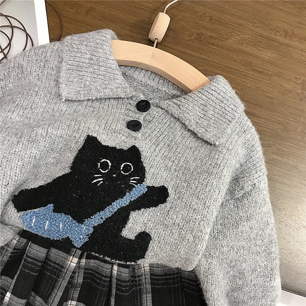 Automne hiver enfants vêtements coton chat Jacquard col rabattu enfant fille pull costumes ample Plaid enfant en bas âge bébé fille jupes